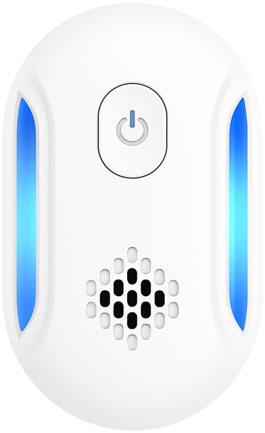 PestRx ultrasonic pest repeller: a white plug-in unit with a power button, speaker grille, and indicator lights on each side