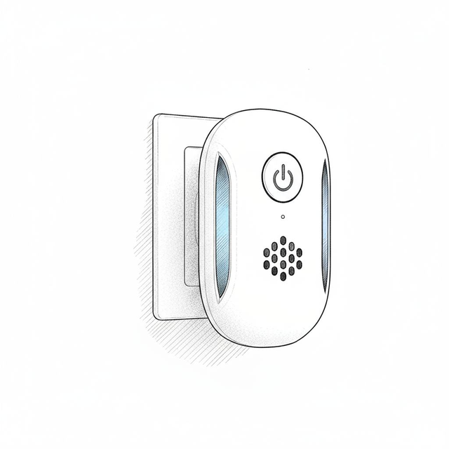 Illustration of PestRx in a wall outlet showing the power button and speaker